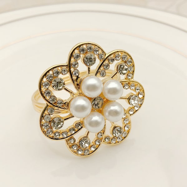 Servettknapp Hotell Serviser Pearl Flower Diamonds Festival Servettspänne Bord Tillbehör Imitation Gold 6 Piece Set