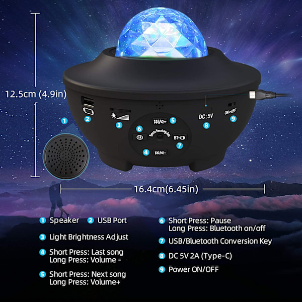 Stjärnprojektor med Bluetooth högtalare, röst/fjärrkontroll, Galaxy Night Light för barn, vuxna, sovrum, heminredning