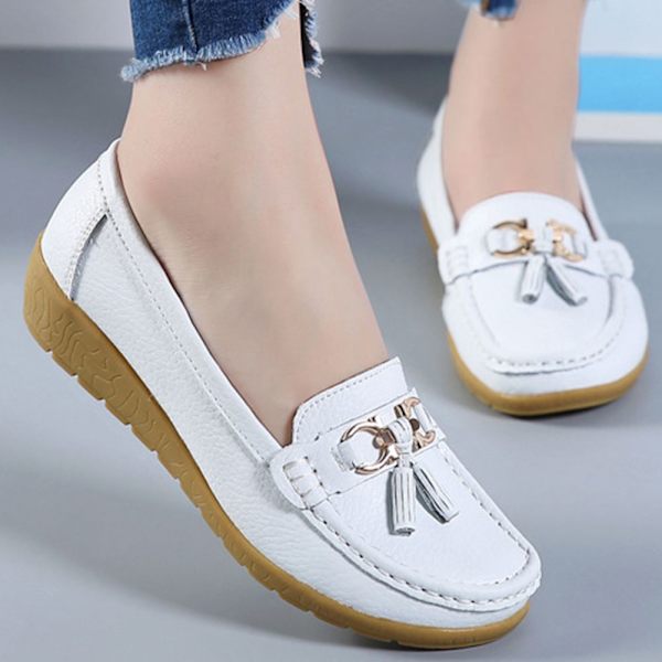 Kvinnors äkta läder Mjukt Bekväma Flat Loafers Handgjorda Casual Shoes White 41