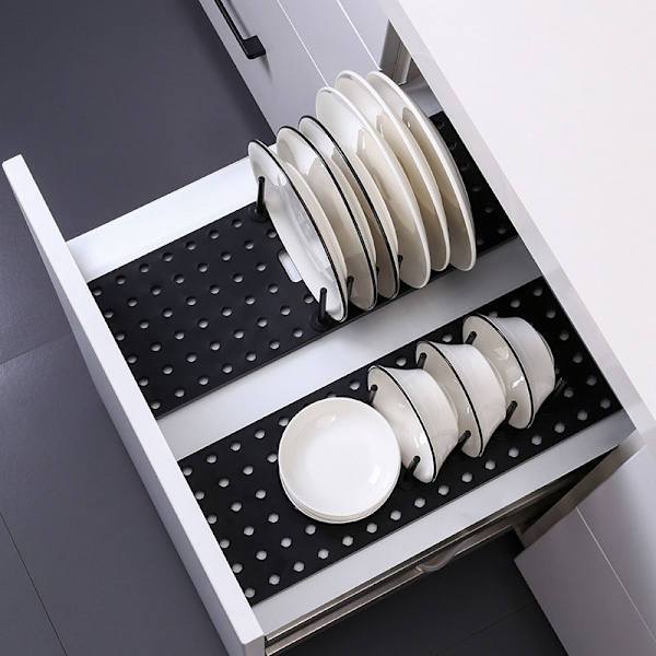 Diskställ Diskar Arrangör Justerbar Halkskydd Dränerande Pegboard med 12 Pinnar för Skåp Låda Kök