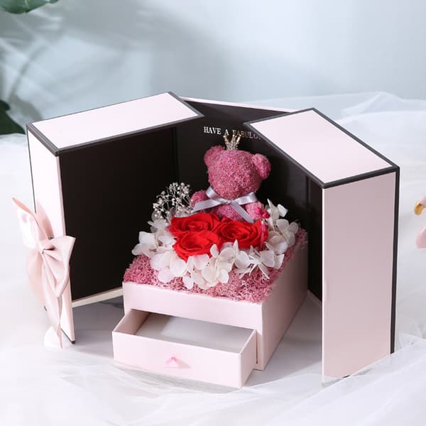 Dubbeldörr konserverad blombjörn smycken presentask slitstark presentförpackning box för bröllopsförslag B