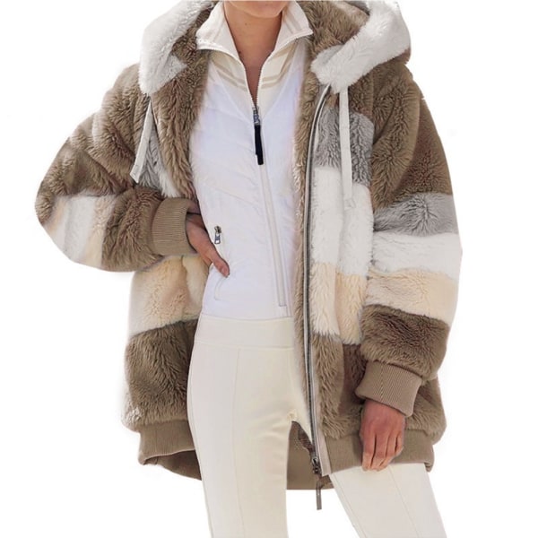 Vinterfleeceplyschrock för kvinnor, lös långärmad huvjacka, modefärgad tröja brun S