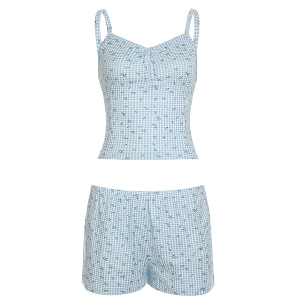 Blommig Linne Shorts Pyjamas Set Sött Avslappnat Cami-Shorts Set för Kvinnor Supermjukt Andningsbart Tvådelat Nattlinne L