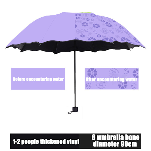 Bärbara damparaplyer Vindtäta 3-vikbara blommor i vatten ändrar färg Anti-UV sol/regn paraply Purple