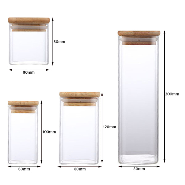 Fyrkantig genomskinlig förvaringsburk i glas med lock Fuktsäker te kaffebönor behållare för kök hem 80x200mm