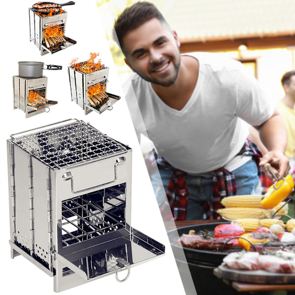 Vikbar Campingvedspis, Bärbar Utomhus BBQ-Spis för Utomhusaktiviteter Silver