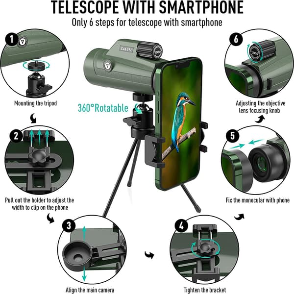 HD monokulära teleskop med smartphoneadapter och stativ, professionella utomhusteleskop grön