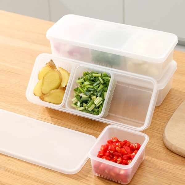 Transparent case 3-Grids Kylskåp Matförvaringsbehållare 3 Compartments With Lid For Draining