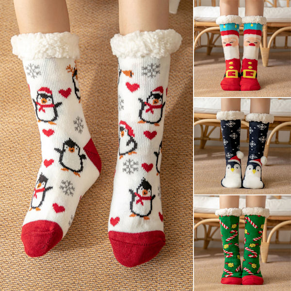 Julstrumpor damer Penguin Santas Mönsterdesign Hem Sömntofflor Strumpor vadderade mattstrumpor Green Bell
