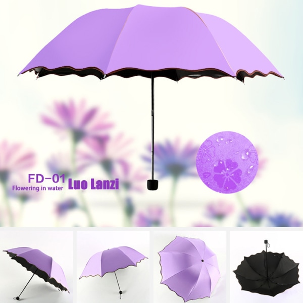Bärbara damparaplyer Vindtäta 3-vikbara blommor i vatten ändrar färg Anti-UV sol/regn paraply Blue