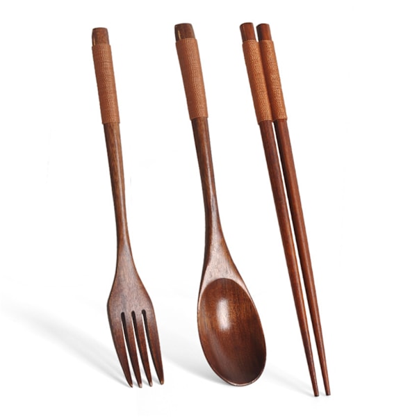 3st/ set Träbestick Gaffel Sked Ätpinnar Bestick Set Brown
