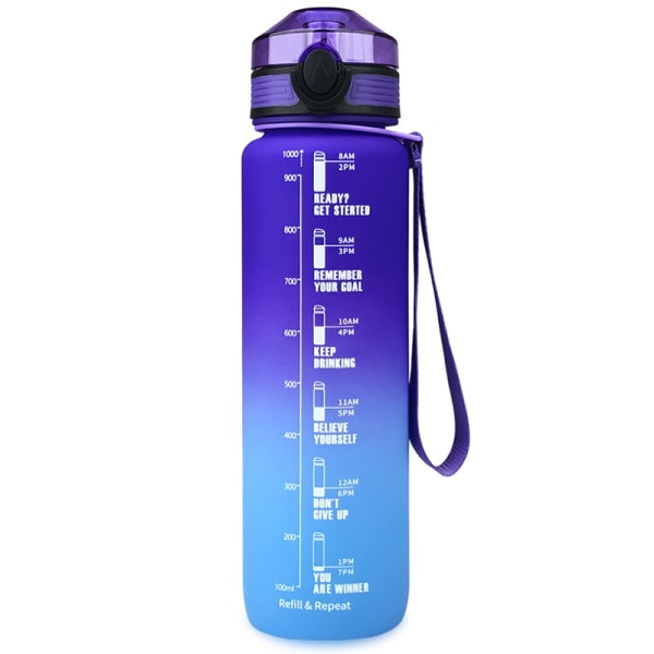 1 liter Stor Vattenflaska med Tidsmarkör Vatten Flaska Flip Lock Sportflaska Purple-Blue