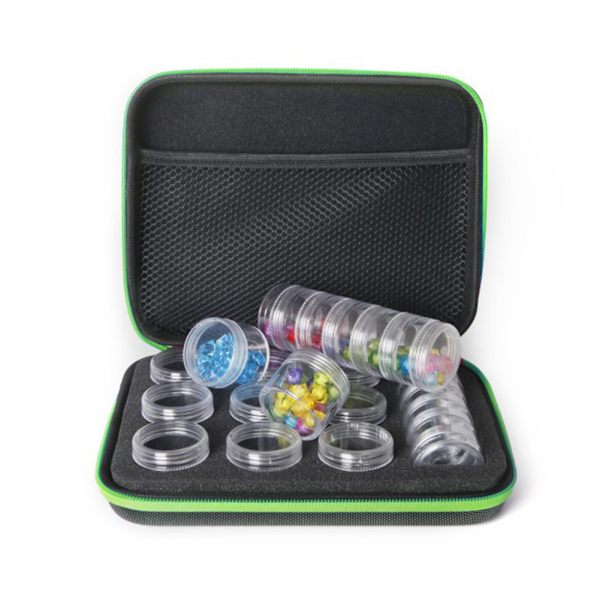 15 platser DIY Nail Art Craft Case Broderilåda med dragkedja och flaskor Green