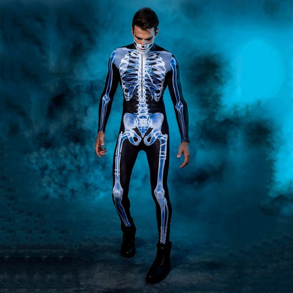 Halloween Sexig Skelett Bodysuit Halloween-kostymer För Unisex 3D Skelettmönster Skinny Jumpsuit Male XL