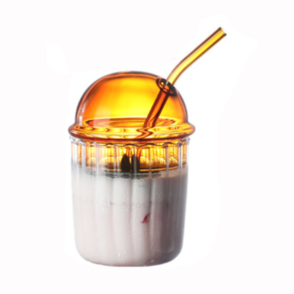 Kopp med lock i svampform, glas, med sugrör, bred öppning, för milkshakes, hem/kontor/bar Deep Amber