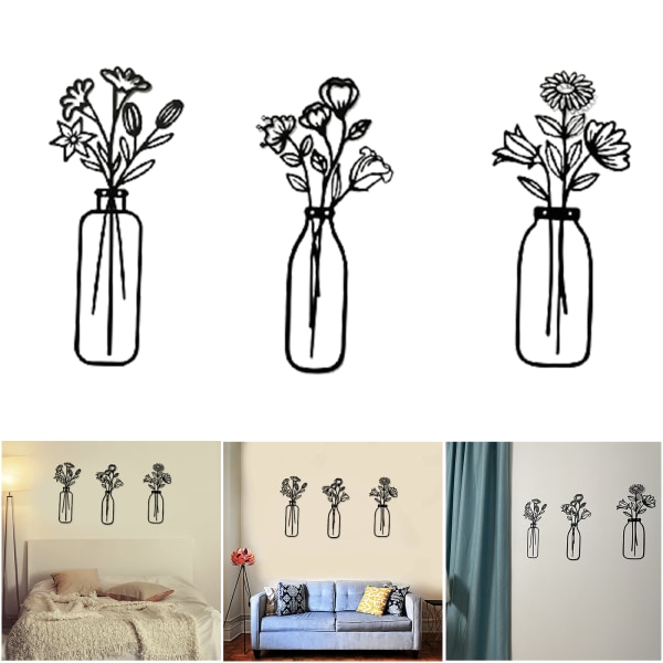 Metall väggkonstdekoration lätt blomma i kruka kreativ prydnad för vardagsrum kök sovrum Three In A Set