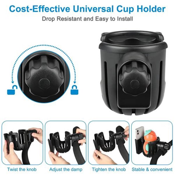 Universal kopptelefon dryckeshållare för barnvagnar 360 graders justerbar kopphållare Black Gray