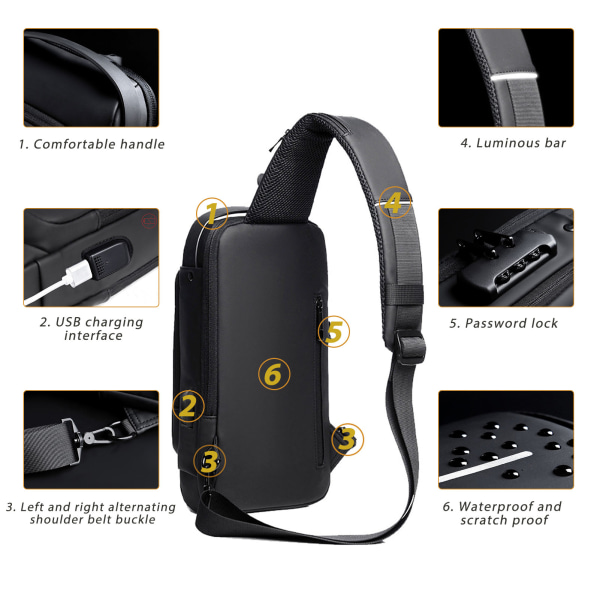 USB-Laddningsport Herrväska Anti-Stöld Bröstväska Affärsväska Ryggsäck med Lås för Män brun