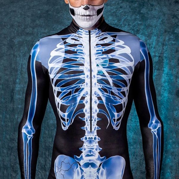 Halloween Sexig Skelett Bodysuit Halloween-kostymer För Unisex 3D Skelettmönster Skinny Jumpsuit Male 2XL