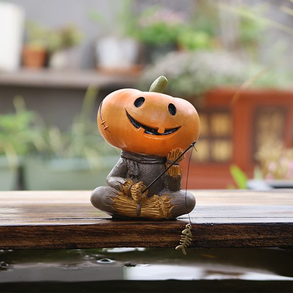 Græskar Fugleskræmsel Fiskeri Figur Sød Smil Græskar Hoved Fiskere Skulptur Udendørs Have Statue Til Halloween Bandage