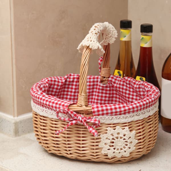 Förvaringskorg Matkorg Rottingflätad Äggkorg Bärbar present Picknick Frukt Liten vävd bambu följekorg Medium Red Plaid