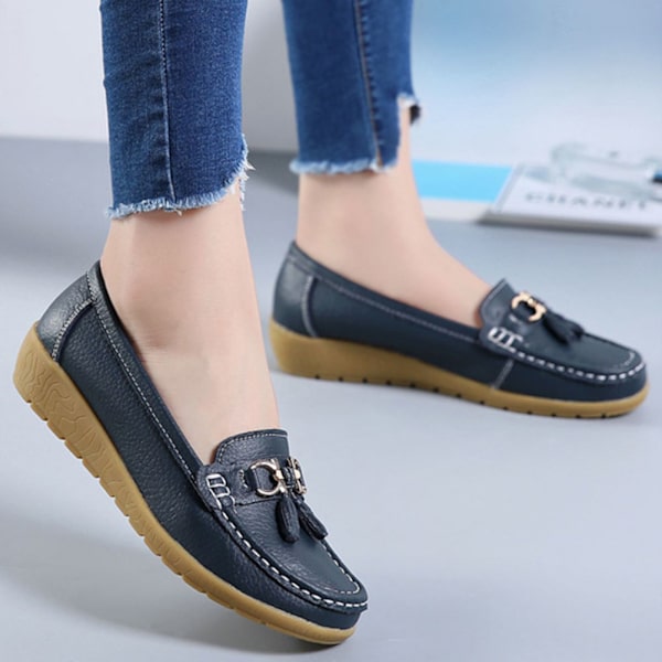 Kvinnors äkta läder Mjukt Bekväma Flat Loafers Handgjorda Casual Shoes Black 39