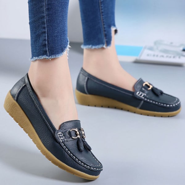 Kvinnors äkta läder Mjukt Bekväma Flat Loafers Handgjorda Casual Shoes Dark Blue 36
