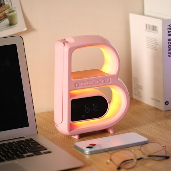 B-formad Bluetooth-kompatibel högtalare Trådlös laddning väckarklocka 7 färger omgivande ljus för sovrummet Pink