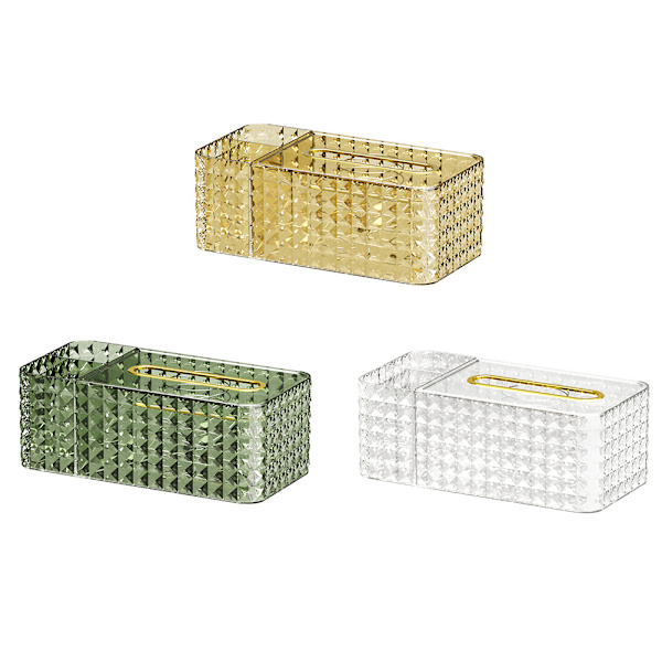 Vävnadslåda i kristall med fjäder- och diversehållare, multifunktionell organizer transparent
