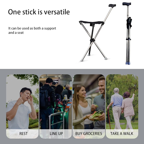 Foldbar stok med stol til seniorer og handicappede, kraftig justerbar vandrestav med sæde til udendørs brug