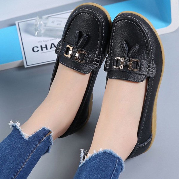 Kvinnors äkta läder Mjukt Bekväma Flat Loafers Handgjorda Casual Shoes Black 36