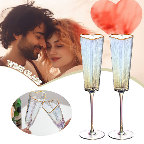 Guldkantad hjärtformad Champagne Flöjter Bägare Slitstarkt vin dricksglas för bröllopsfest 2pcs