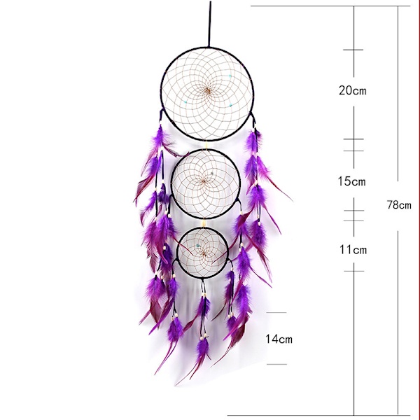 Drömfångare Fjäderprydnad Handgjord 3-ring Hängande Väggkonst Stor Väggdekor För Hemdörr Hotell 78cm Lång Totalt Purple