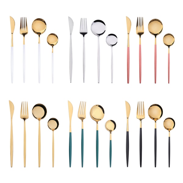 【Färdigt lager】 4 st/ 1 set gaffelsked svart guld set i rostfritt stål porslin bestick set middag Pink