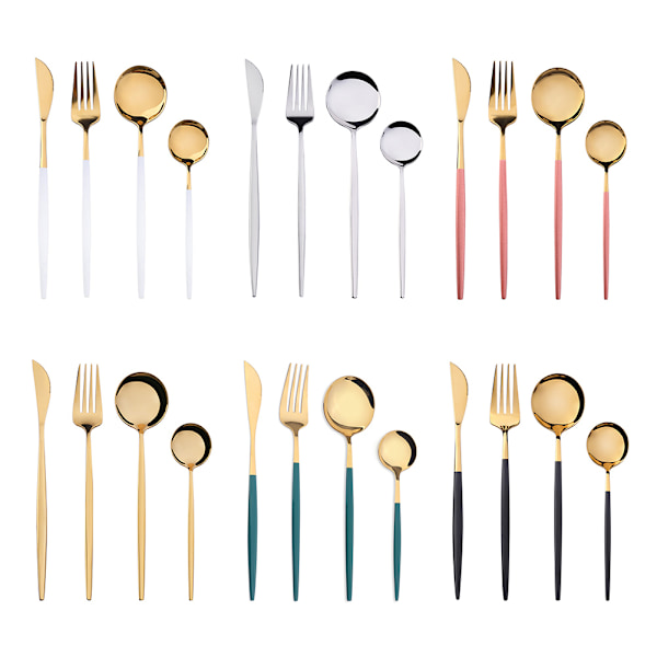 【Färdigt lager】 4 st/ 1 set gaffelsked svart guld set i rostfritt stål porslin bestick set middag White