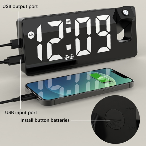 Projektionsväckarklocka USB laddning Nattlampa Skrivbordsklocka med temperaturdisplay för tung sovande ashen