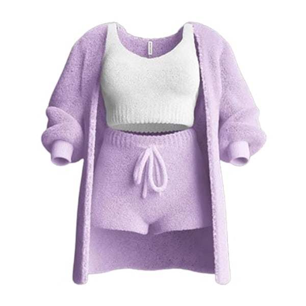 Mysig plyschpyjamas för kvinnor 3-delad set Snygga mjuka lösa sovkläder för sovrum inomhus Purple M