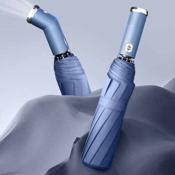 Vindtätt LED sol- och regnparaply Helautomatiska paraplyer med 10 revben och 3-faldiga unisex Haze Blue