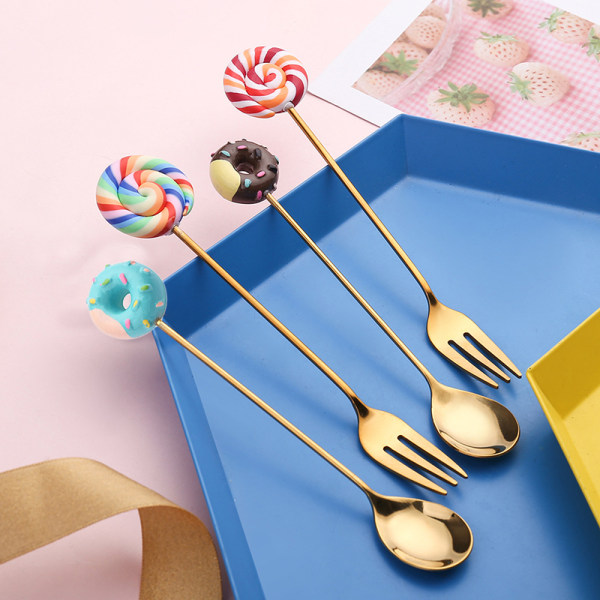 Omrörningssked fruktgaffel med innovativ klubba och söt munk formad för dessertbutiker Lollipop Fork C