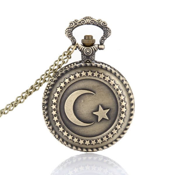 Antik brons turkisk flagga design månen och stjärna tema kvarts watch med halsband kedja