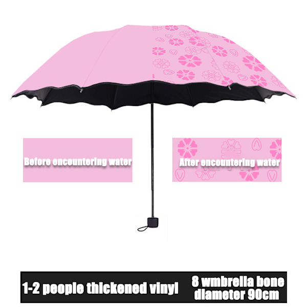 Bärbara damparaplyer Vindtäta 3-vikbara blommor i vatten ändrar färg Anti-UV sol/regn paraply Pink
