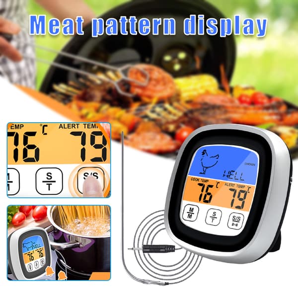 LCD Digital Matlagning Mat Kött Ugn Kök BBQ Grill Termometer Klocka Timer Med Vattentät Sond Pekskärm Kök White With Gray Waterproof Probe