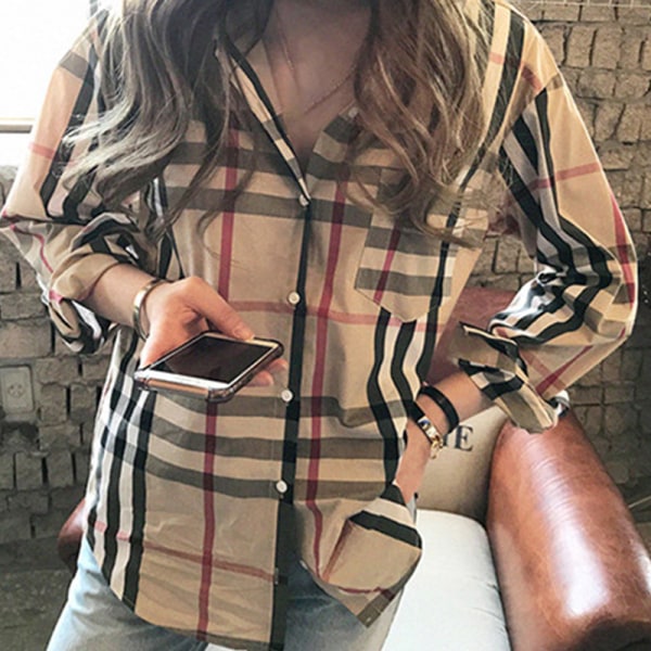 Rutig skjorta dam Klassisk långärmad krage blus knapp med manschett vår höst Casual toppar för flickor Khaki L