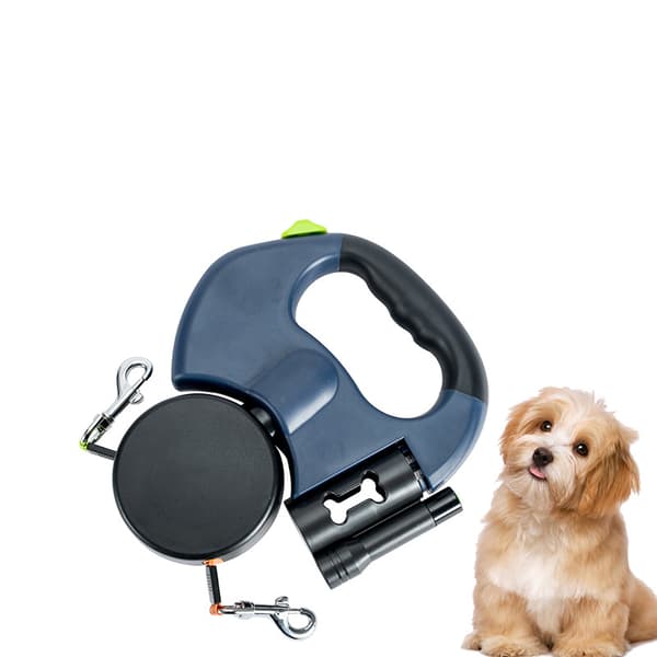 Dubbelt huvud hundkoppel automatiskt infällbart valpdragrep med LED-ljus multifunktionslåda