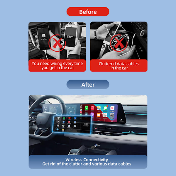 Bilkablet til trådløs Carplays-boks Lagfri forbindelse Stabil trådløs Androids Auto-adapter Black