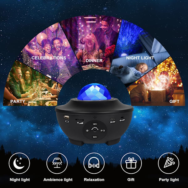 Stjärnprojektor med Bluetooth högtalare, röst/fjärrkontroll, Galaxy Night Light för barn, vuxna, sovrum, heminredning