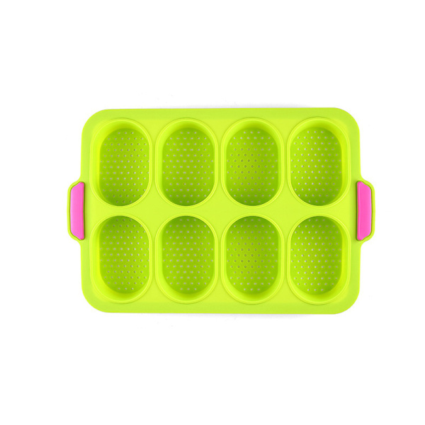 Silikonbullebrödform 8 celler mjuk nonstick franskbrödsform Perforerad limpa stenciler bricka för DIY-bakning Green