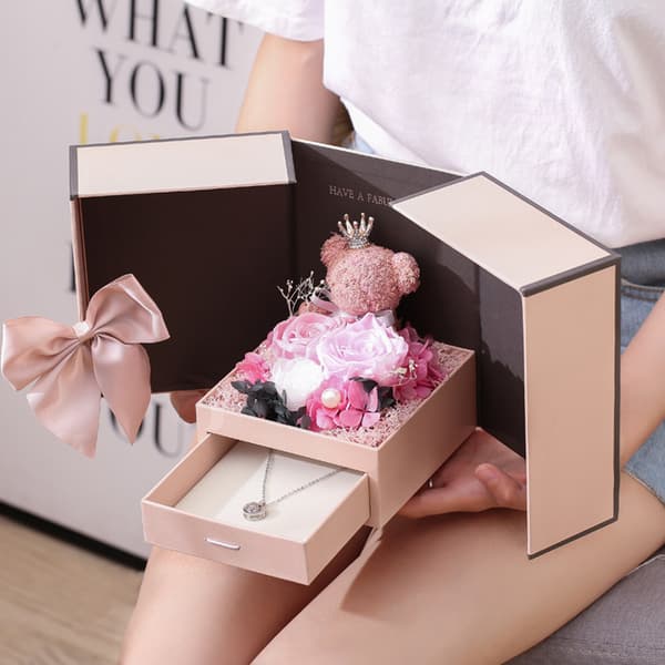 Dubbeldörr konserverad blombjörn smycken presentask slitstark presentförpackning box för bröllopsförslag D