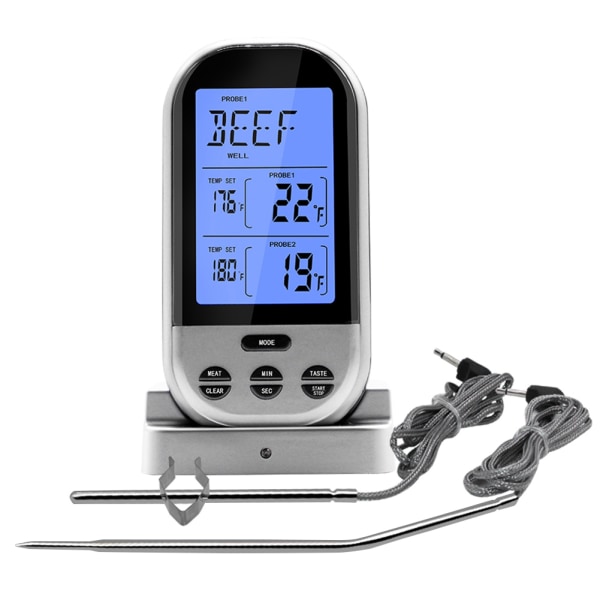Trådlös digital termometer LCD BBQ Grill Kött Kök Ugn Mat Matlagningstermometer Silver