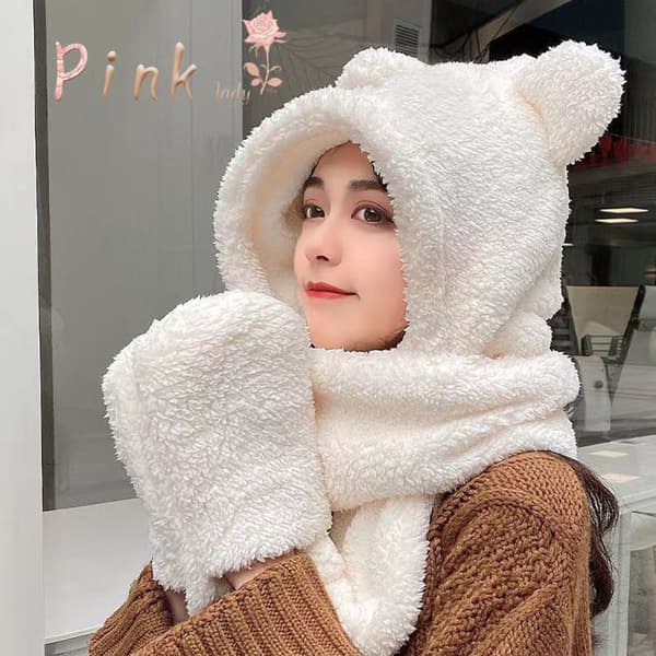 Bear-Ears Scarf Hat Set Förtjusande vindtät pendlingsmössa för utomhusbruk White